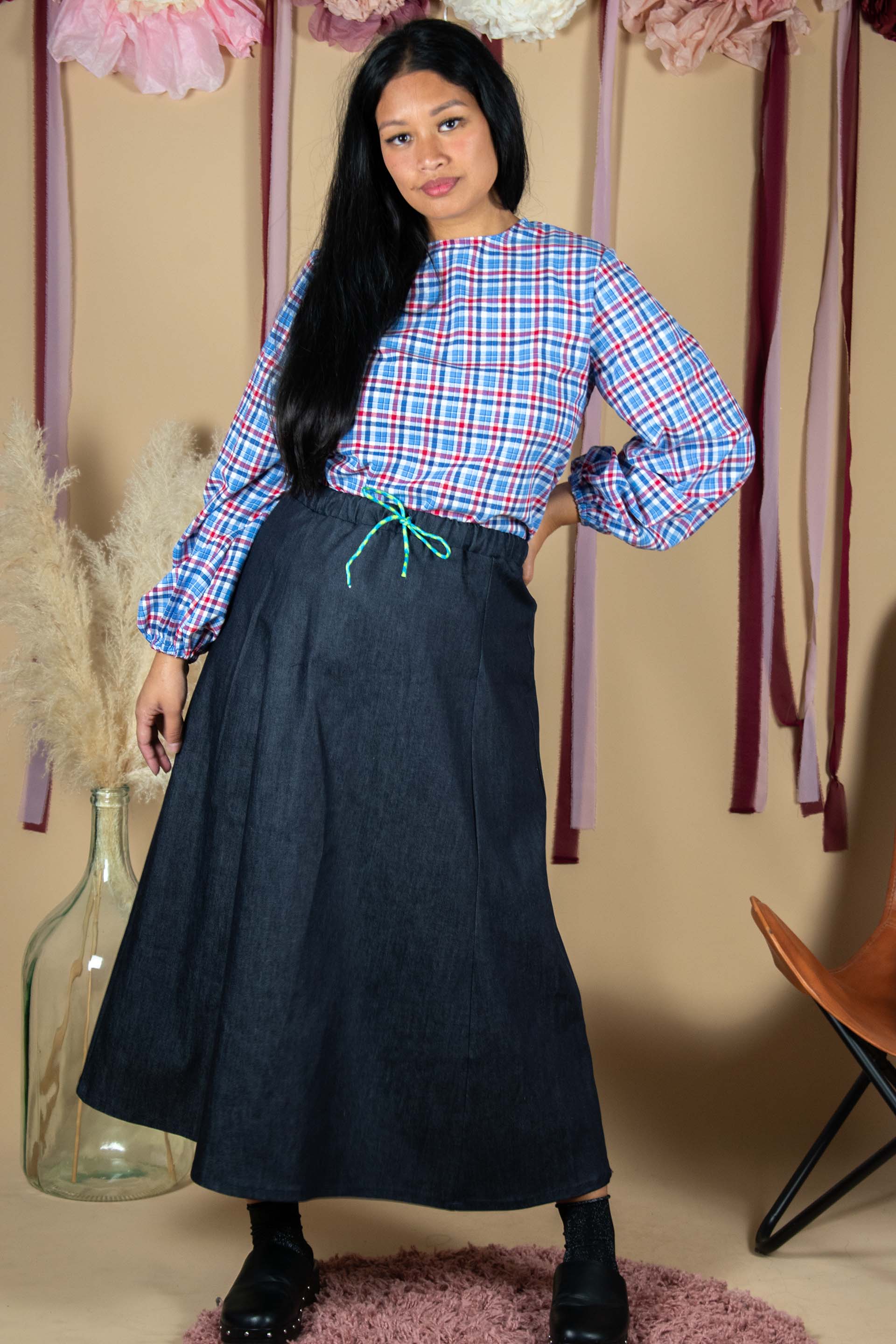 gonna fiore in denim di cotone blu