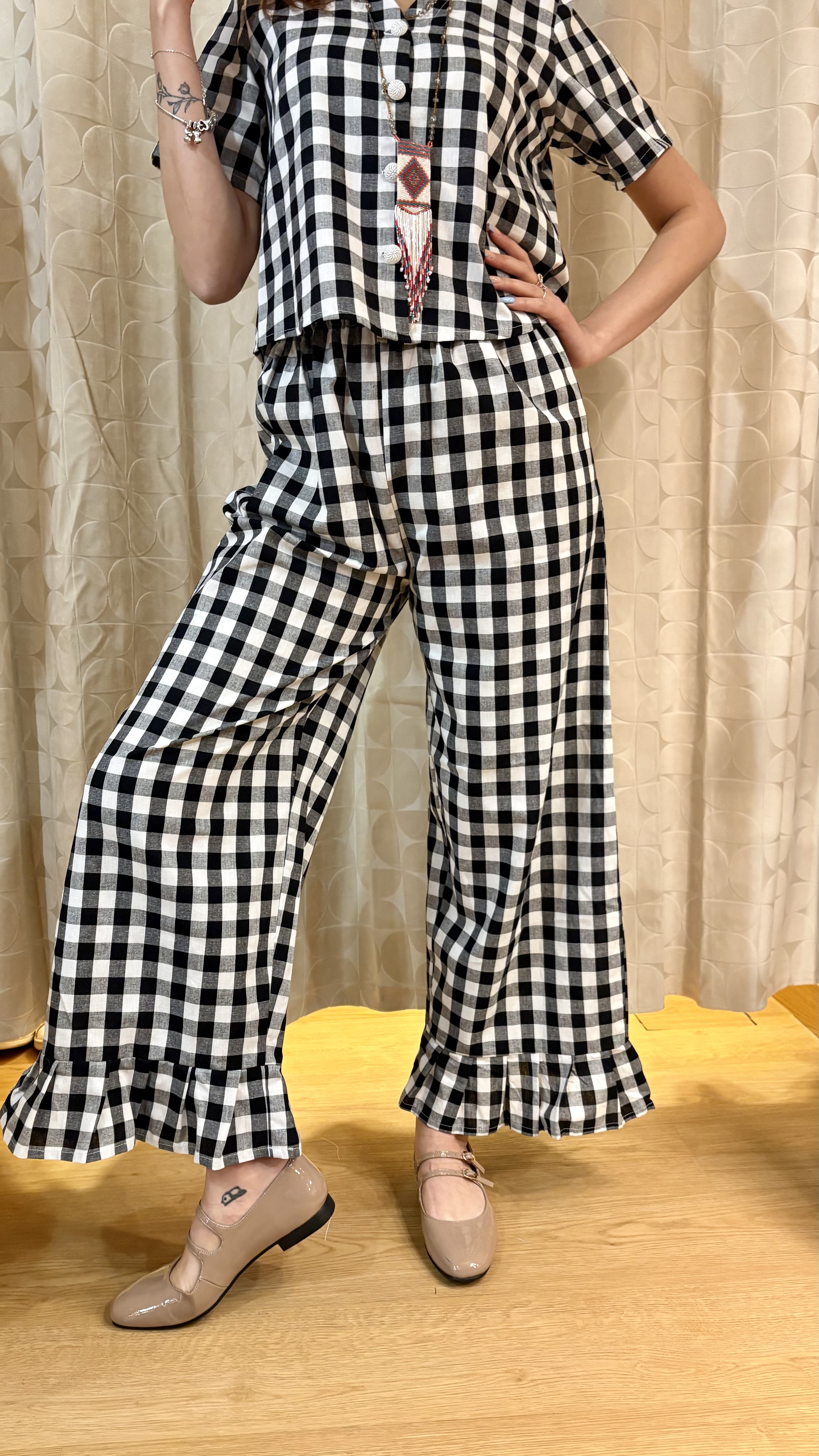pantalone fru fru in vichy di cotone nero