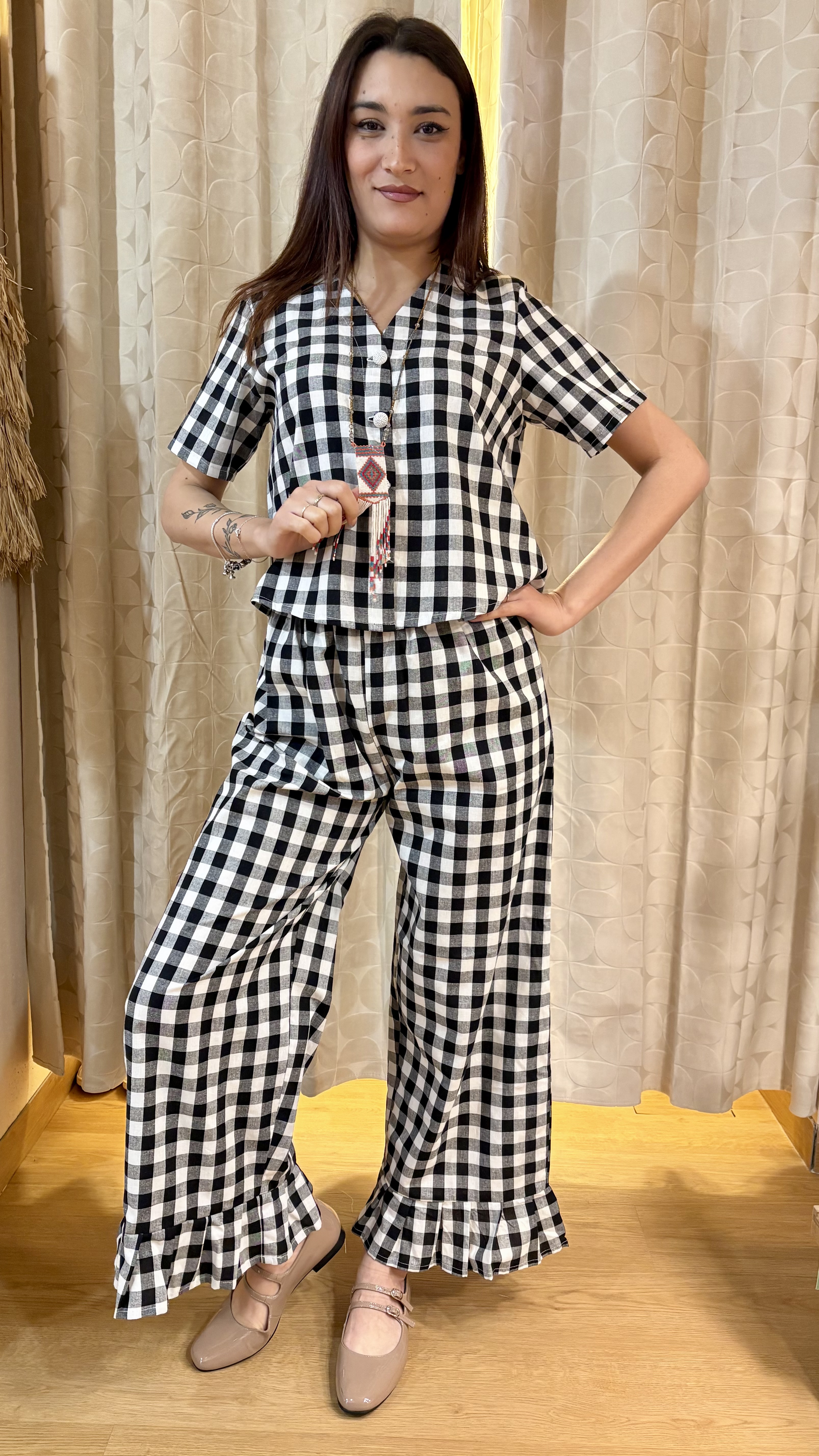 pantalone fru fru in vichy di cotone nero - immagine 3