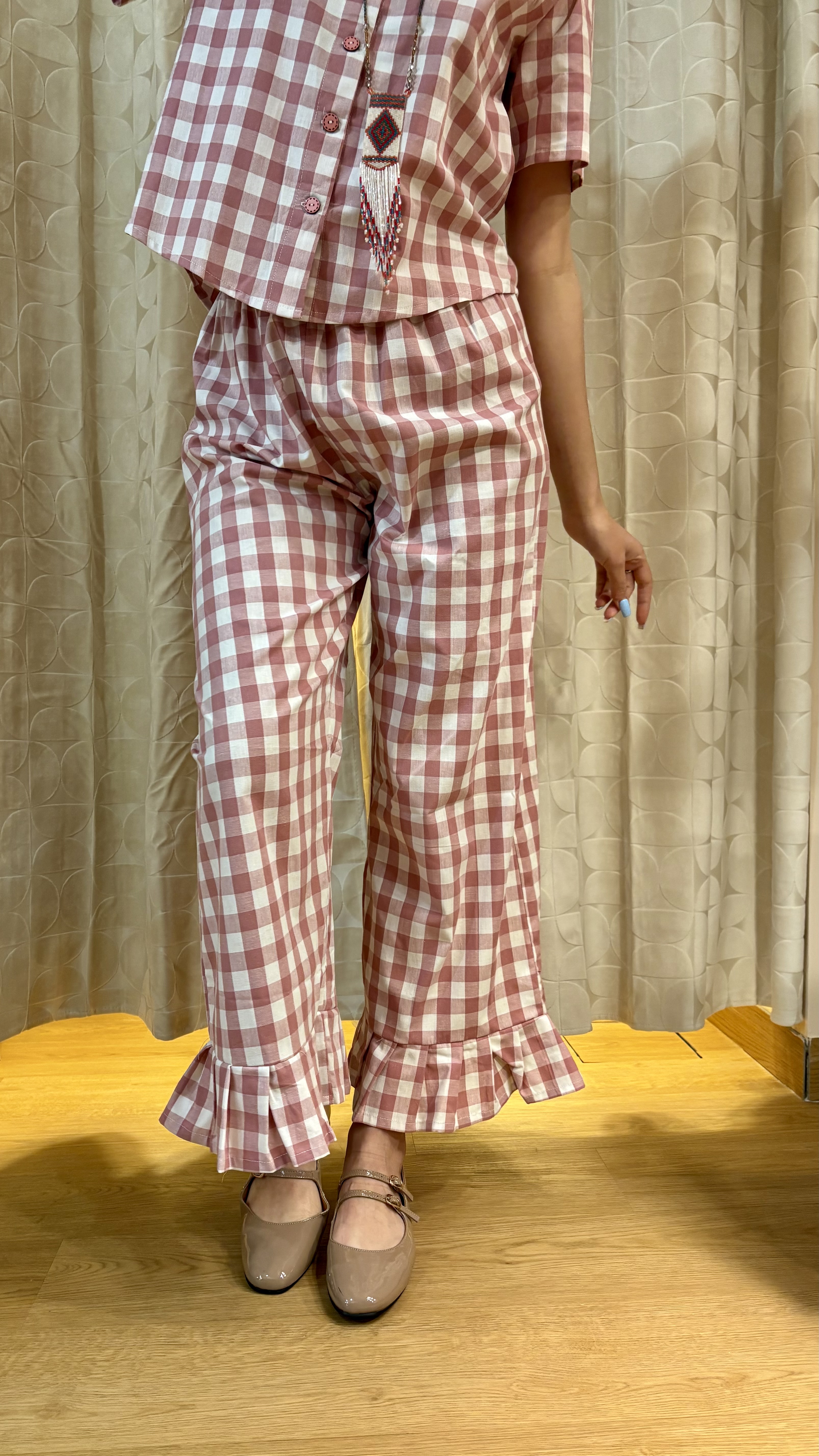 pantalone fru fru in vichy rosa