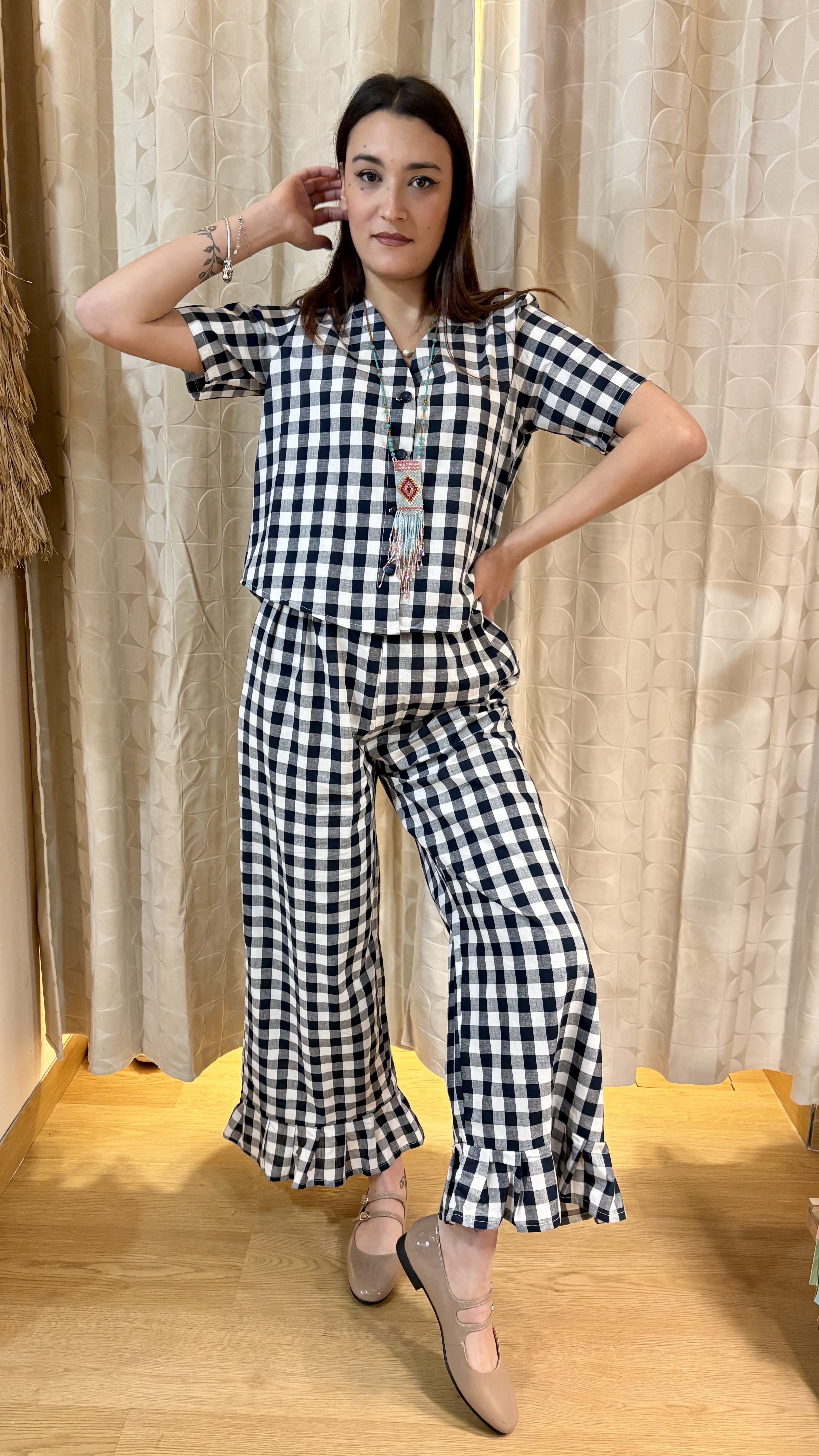 pantalone fru fru in vichy blu notte