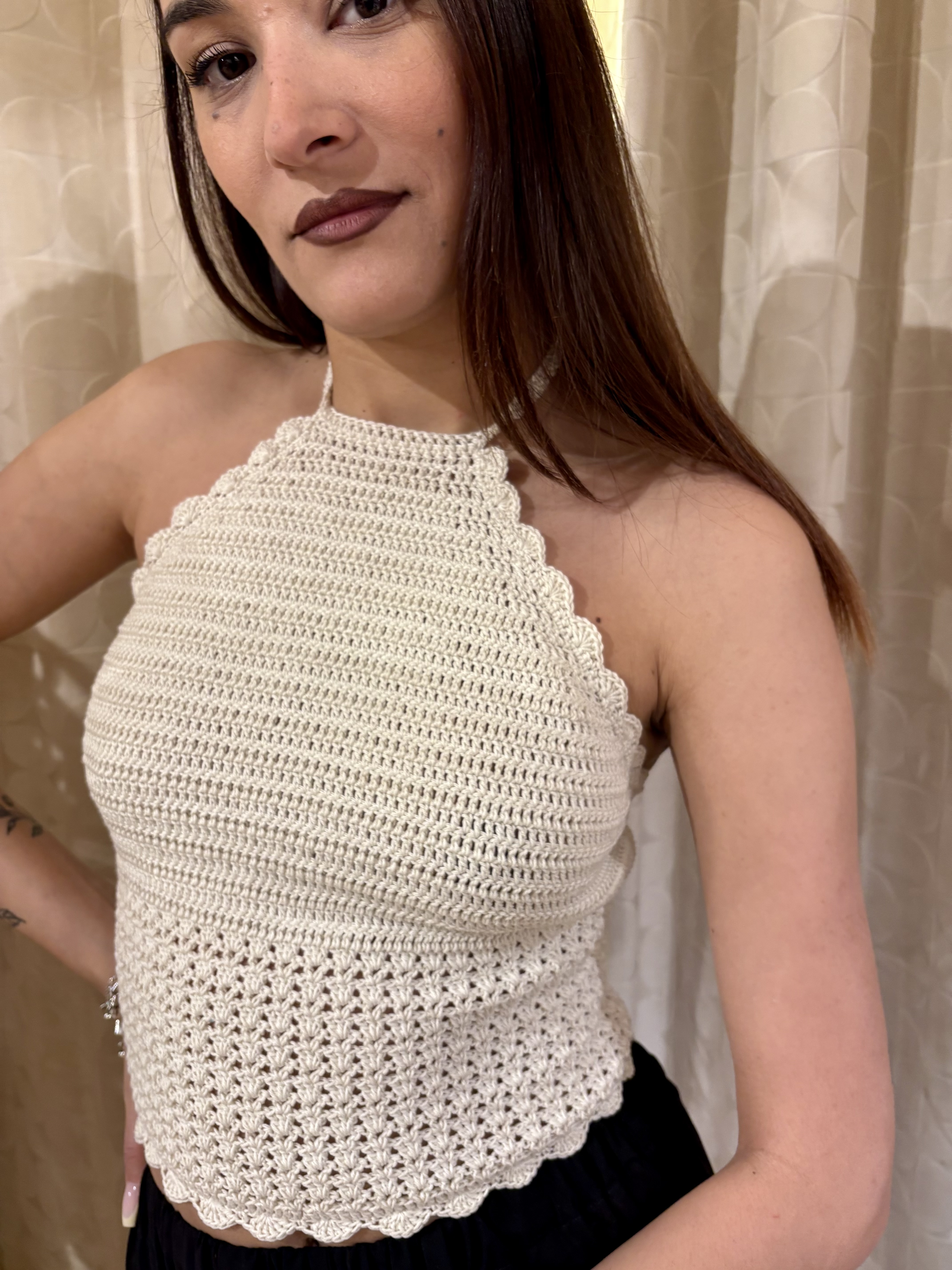 top all'uncinetto collo all'americana bianco - immagine 2