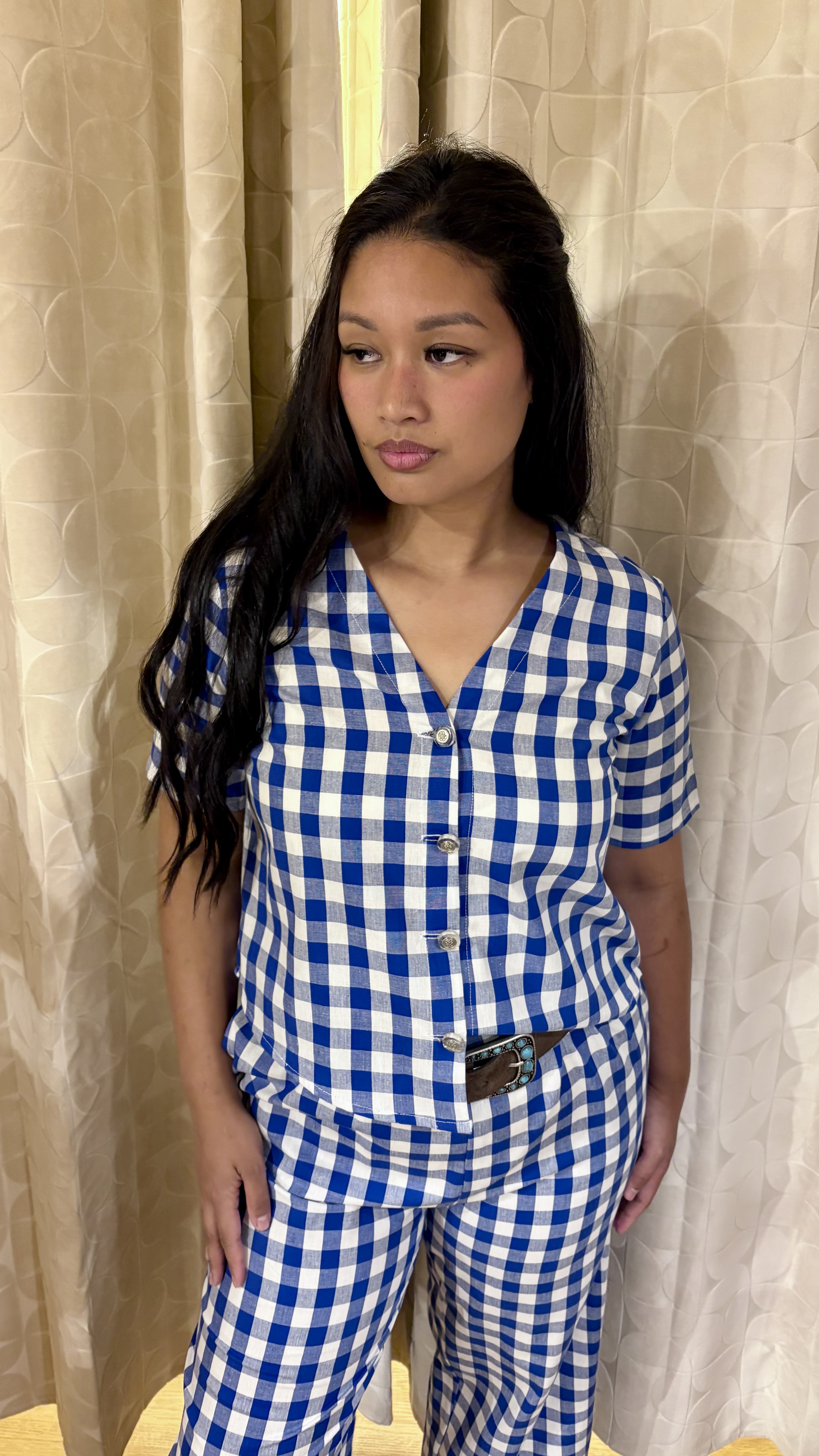 maglia fiore in vichy blu mediterraneo